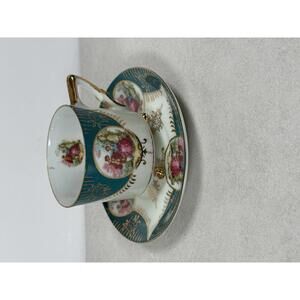 VTG Royal Sealy Japan Footed Demitasse Cup & Saucer Teal Gold Courting Scene